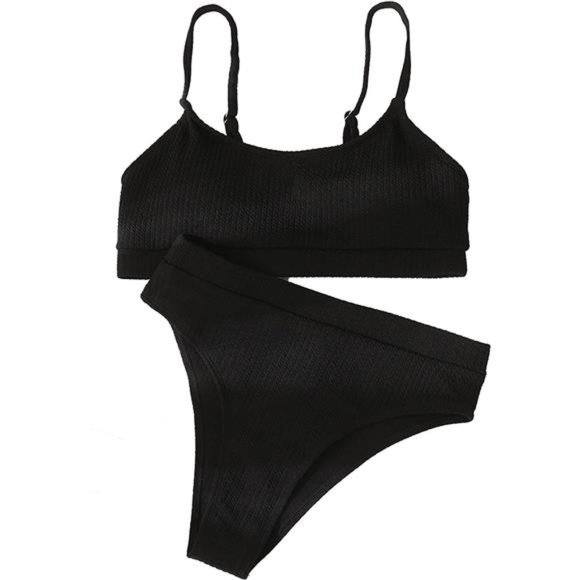 High Waisted Tummy Control Ribbed Bikini Crop Top Brazilian Swimsuit Set 2 Piece - Picture 3 of 5